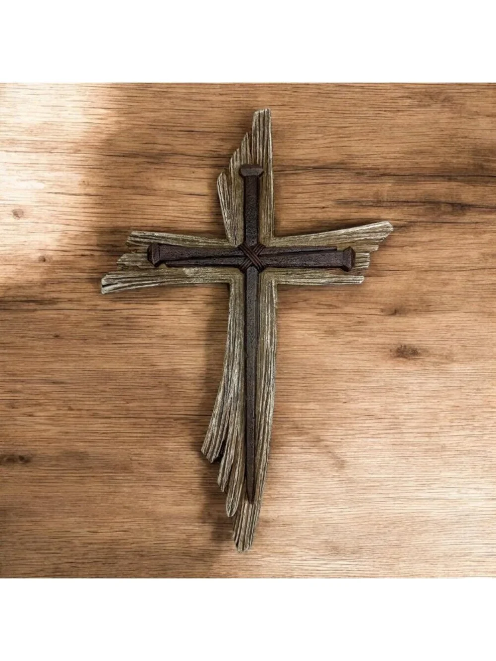 Rustic 3-Nail Wall Cross - 12.5” Resin Christian Decor with Weathered Wood Look